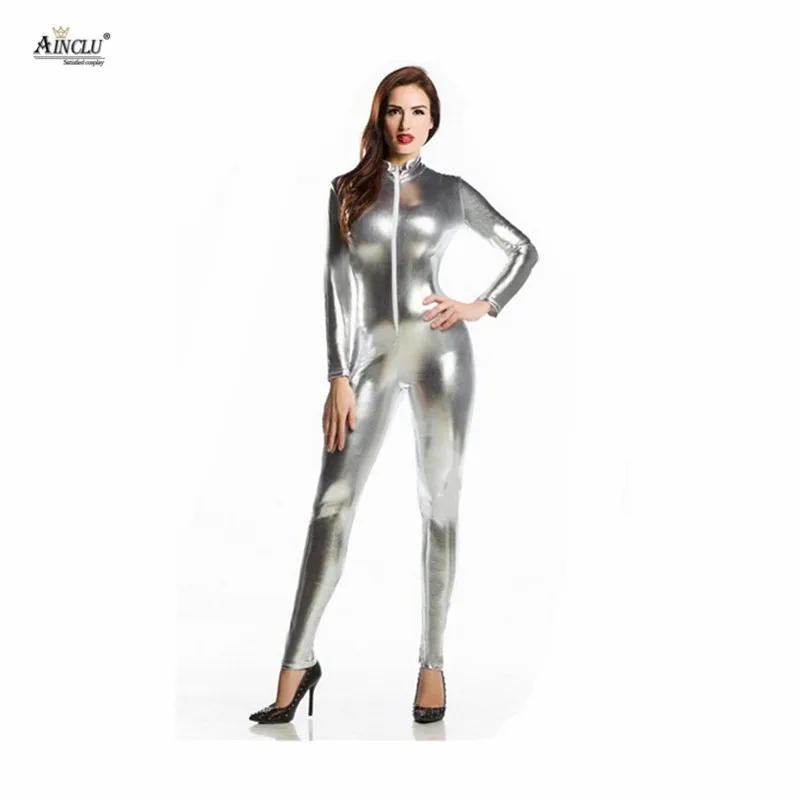 Ainclu комбидресс из спандекса блестящий сексуальный Серебряный Zentai для взрослых и