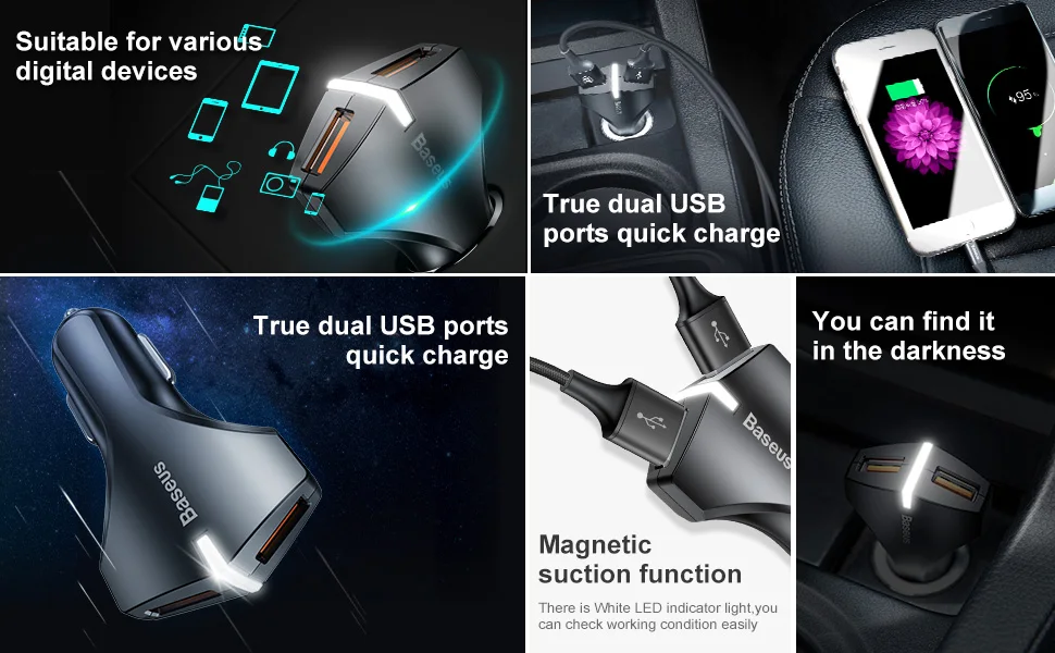 Baseus QC 3,0 Автомобильное зарядное устройство Быстрая зарядка Dual USB быстрая зарядка автомобильное зарядное устройство для iPhone X iPad samsung Xiaomi зарядное устройство для мобильного телефона
