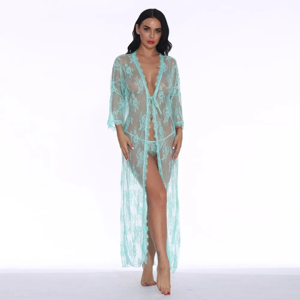 Женское Сексуальное белье Babydoll, эротический халат, ночная Пижама с тонкими прозрачными длинными рукавами, кружевное ночное белье, ночной кардиган, Халат