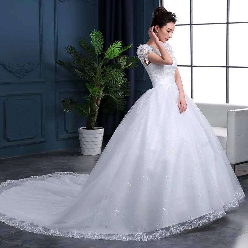 

Ball Gown Wedding Gowns 2020 New Women Luxury Wedding Dreses Court Train Flowers Bling Bling Korea Lace Up China Bride Dress