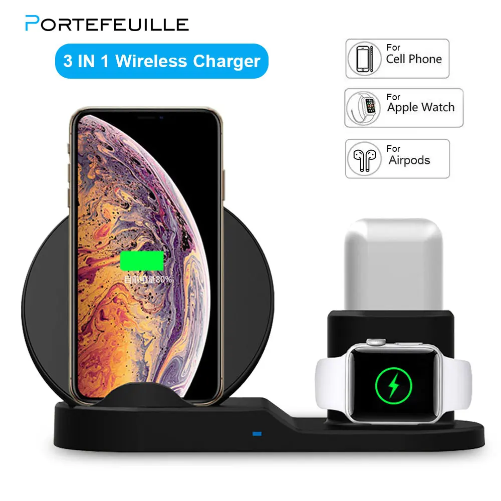 Быстрая Беспроводная зарядная док станция Portefeuille 3 в 1 для Apple Watch 2 iPhone X S XR XS Max 8 Plus