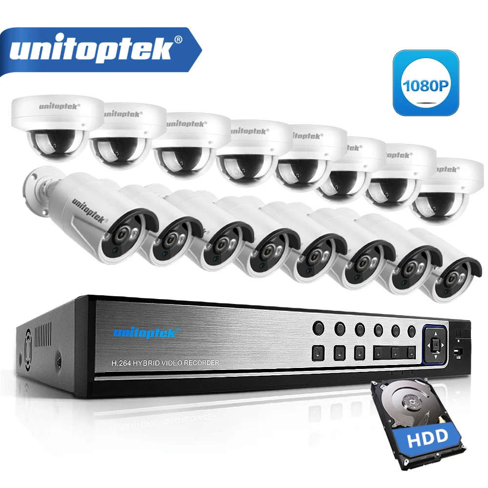 UNITOPTEK 1080P AHD 16CH CCTV камера система Комплект 16 каналов DVR рекордер + ИК наружная