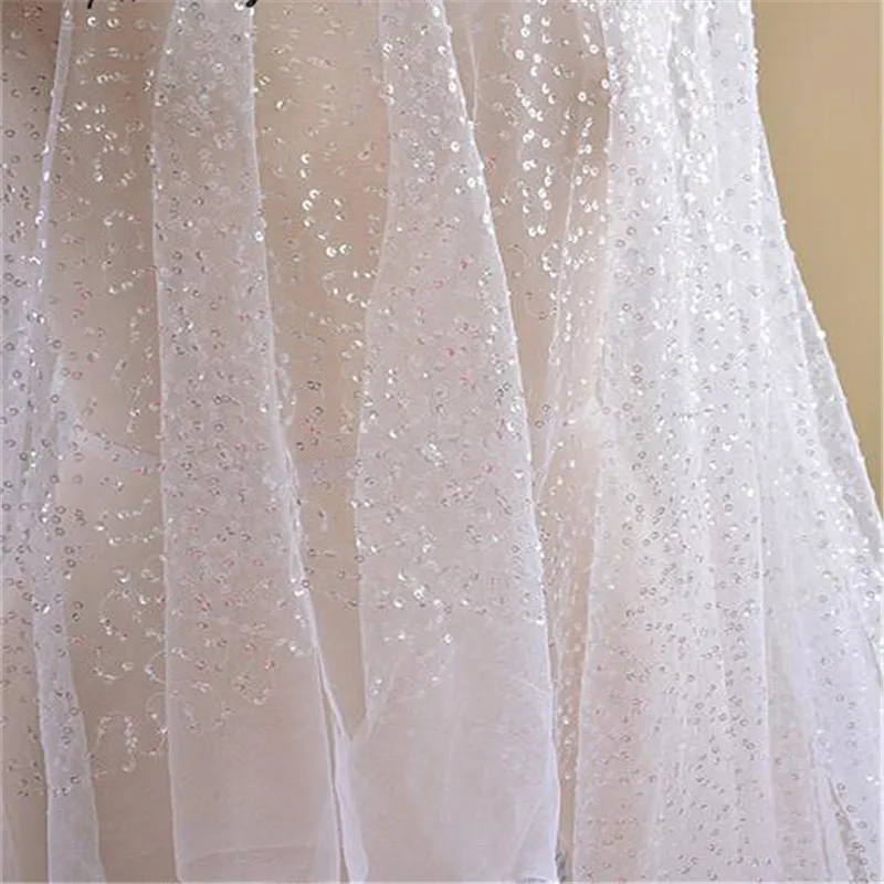 

Ivory Mesh Lace Fabric Sequined Water Drop Gauze Lace Sequin Netting for Bridal Embroidered Tulle Fabric