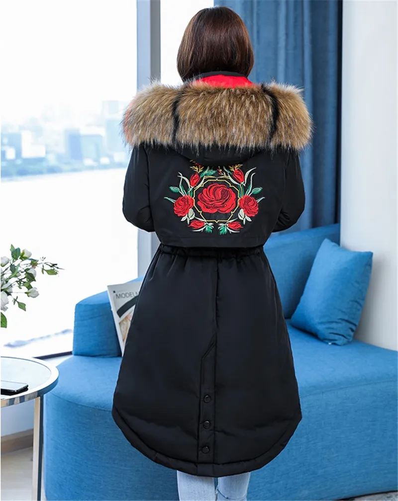 Новинка, большие размеры, 5XL, зимние парки, Женская хлопковая куртка, меховой воротник, с капюшоном, с вышивкой, пальто, женские, Утолщенные, с хлопковой подкладкой, куртки N201