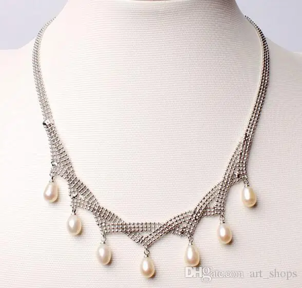 

7-9mm Natural White Color Freshwater Pearl White Gilded Necklace Jewelry 17"