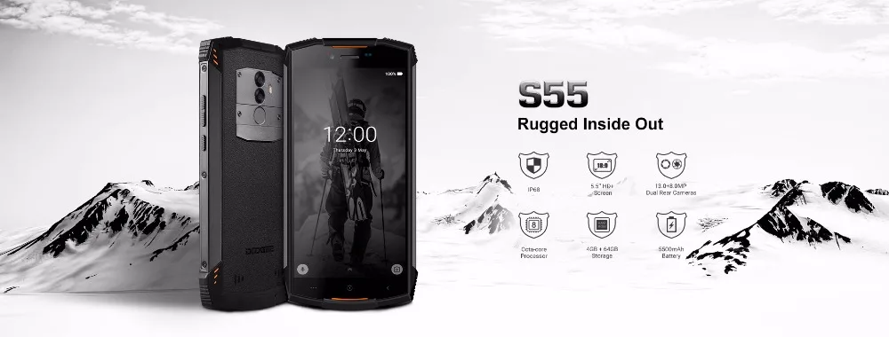 IP68 DOOGEE S55 5,5 ''водонепроницаемый смартфон 4 Гб Оперативная память 64 Гб Встроенная память 5500 мА/ч, MTK6750T Octa Core Android 8,0 13MP телефон с распознаванием отпечатка пальца