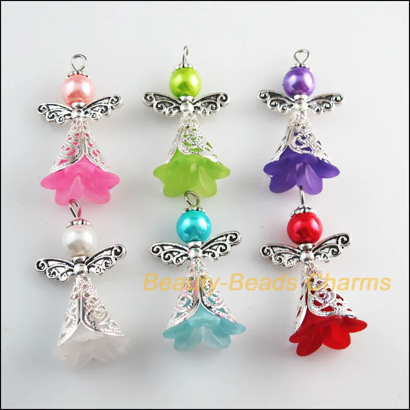 

12 New Tibetan Silver Color Charms Mixed Acrylic Angel Wings Pendants 22x37mm