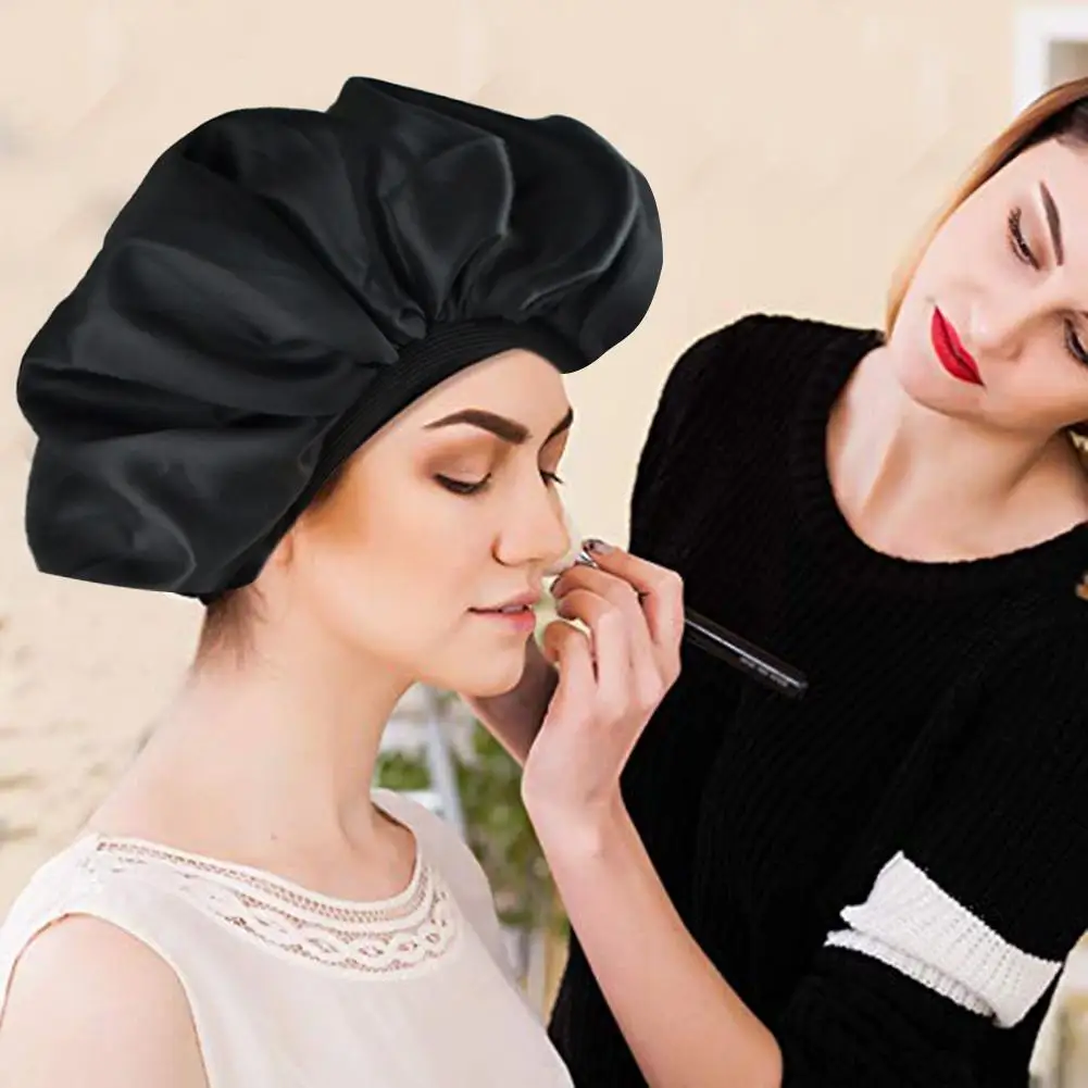 Super Big Size Beauty Salon Cap Satin Bannet Cap Sleep Night Cap Head Cover Bonnet Hat For For Curly Springy Hair Black Color