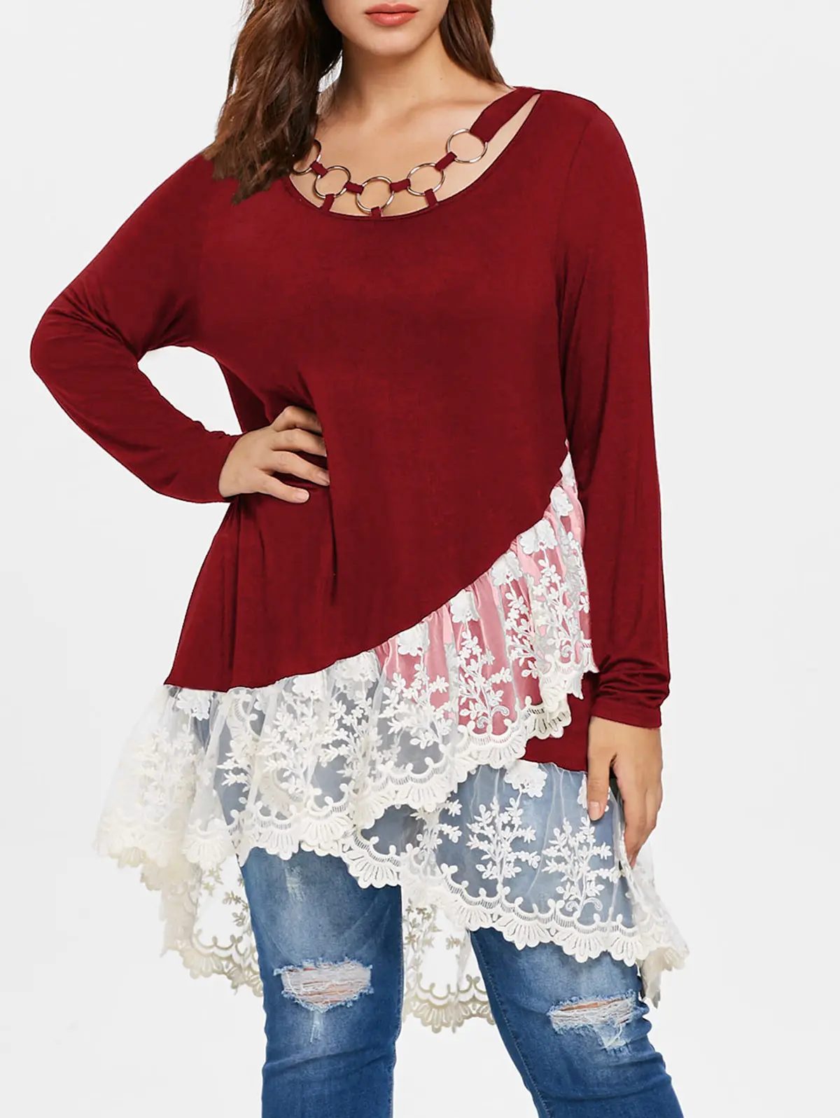 Red Wine tshirt Rosegal размера плюс кружевная отделка многослойная Туника Футболка женская одежда круглый вырез длинный рукав Весенняя футболка Женские топы Повседневная футболка - Цвет: Red Wine tshirt