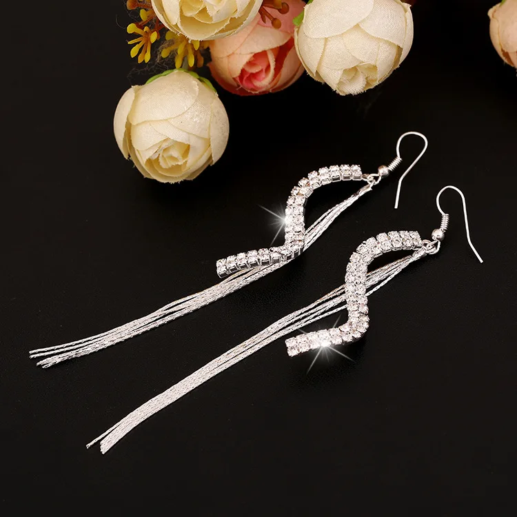 Женщины S Формы Strand Серьги Кристалл Rhinestone Кисточкой Винтаж Свадьбу Серебряные