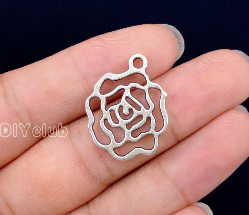 

60pcs-Antique Silver 2 Sided Flower Rose Charms Pendant 25x20mm