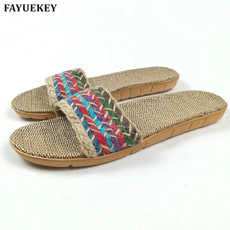 FAYUEKEY/Новинка; летние домашние льняные тапочки; женские нескользящие пляжные дышащие сандалии; шлепанцы на плоской подошве