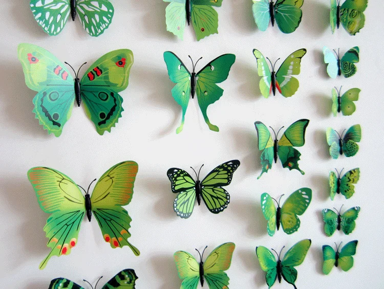 12 шт./компл. ПВХ зеленые 3D бабочки настенные наклейки домашний декор для гостиной