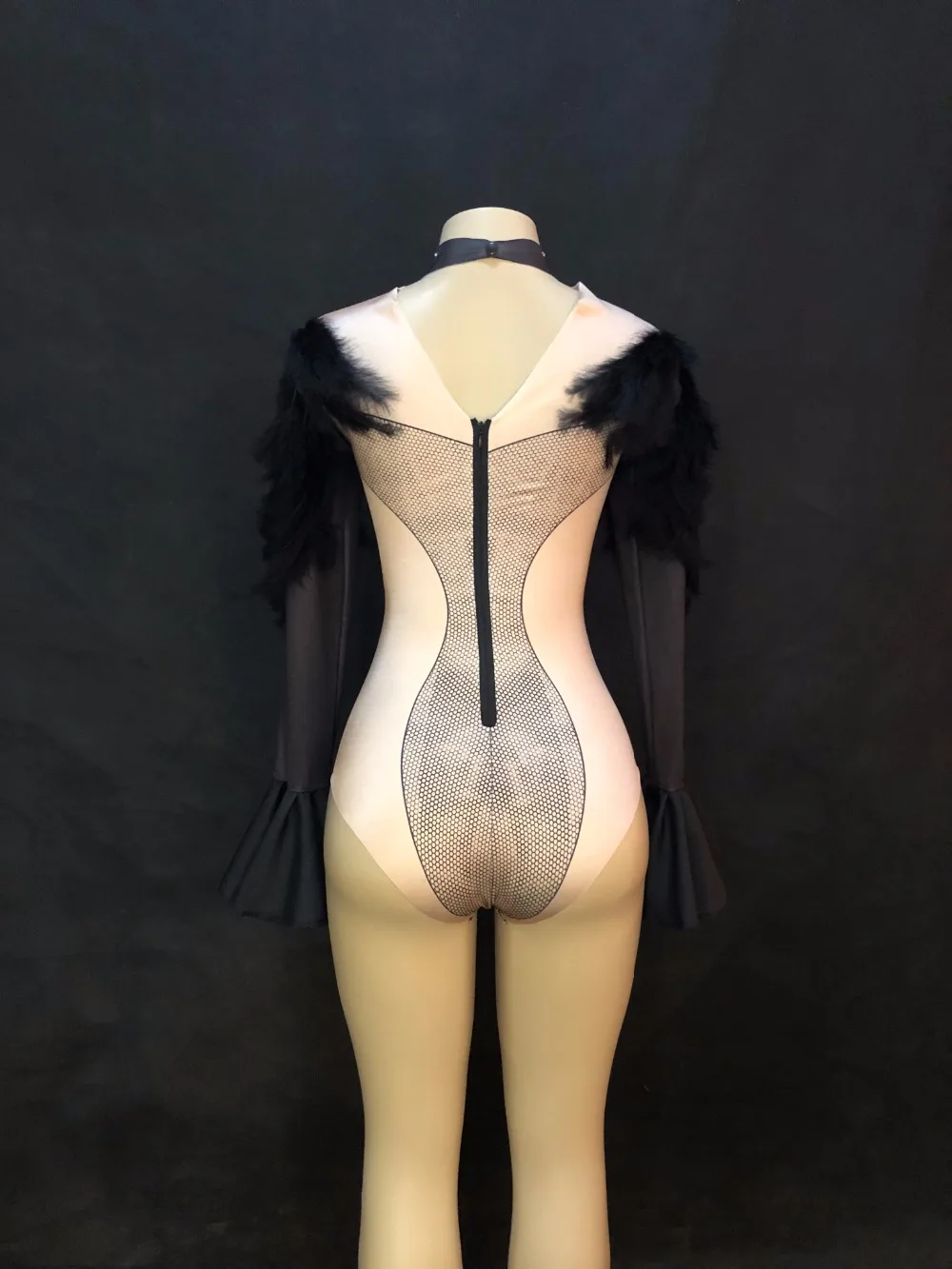 Women Sexy Stage Bodysuit Black Feather Sparkling Crystals Jumpsuit Nightclub Birthday Party Dancer Singer Stage Wear Costumes