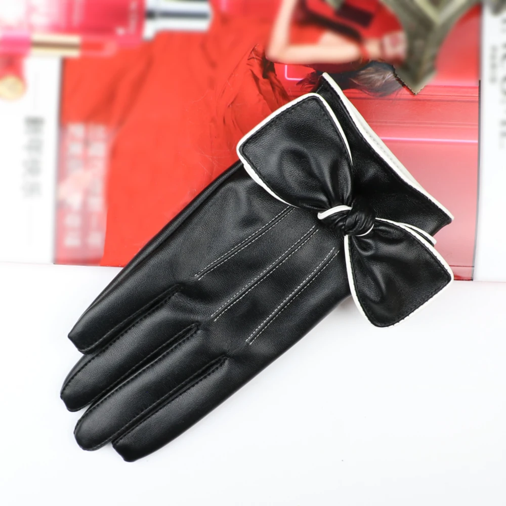 Short Gloves For Women Fashion White Border Bow PU Leather Black Female Winter Warm Velvet Touchscreen | Аксессуары для одежды