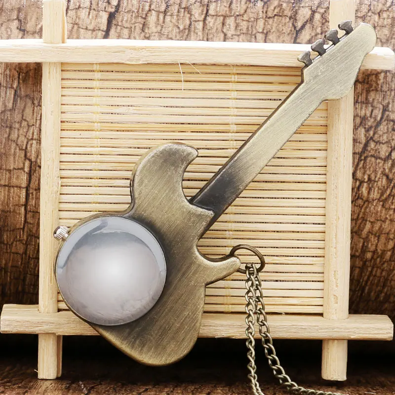 

Antique Special Deisgn Guitar Shaped Quartz Pocket Watch Bronze Fob Time Unisex Gift Relogio De Bolso P130