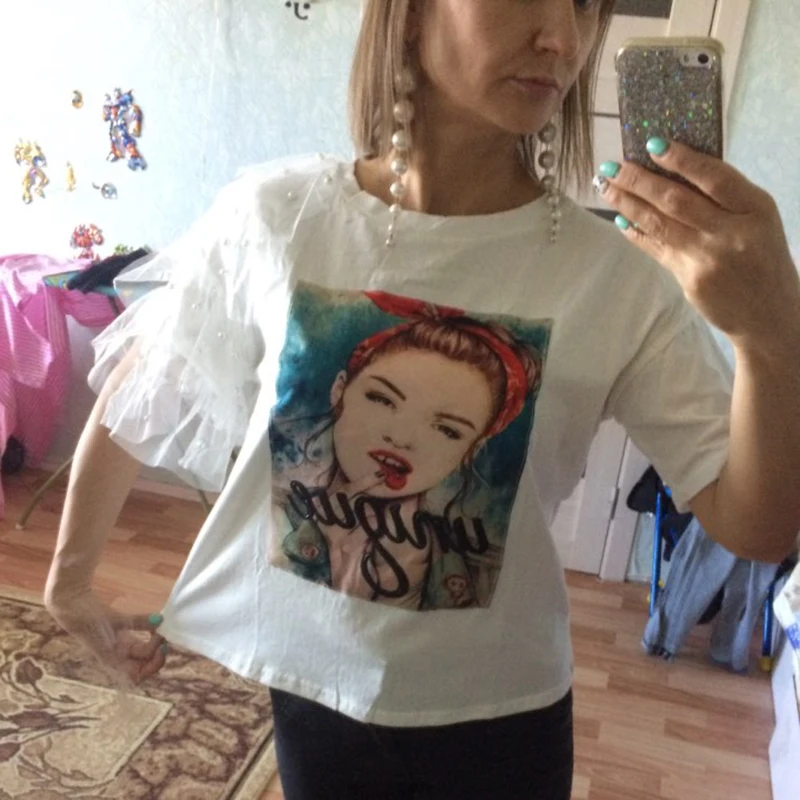 Летняя женская футболка, новинка, плюс размер, кружевной короткий рукав-бабочка, принт, хлопок, смешной бисер, женская футболка
