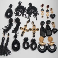 flatfoosie 2020 black crystal drop earrings for women boho handmade fringed tassel dangle statement wedding resin earrings party