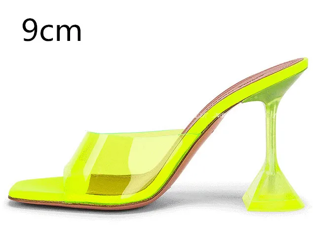 Green-9cm Прозрачные Шлепанцы из ПВХ пикантные женские туфли на высоком каблуке со стразами и открытым носком Прозрачные шлепанцы на высоком каблуке 7 см/9 см - Цвет: Green-9cm