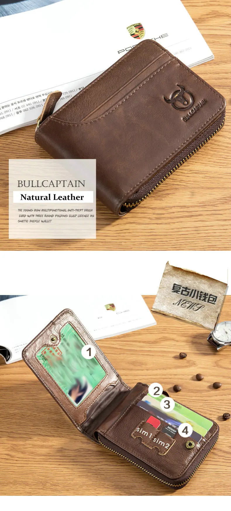 BULLCAPTAIN, винтажный кожаный маленький кошелек на молнии, отделение для монет, кошелек, держатель для карт, мужские кошельки, деньги, Cartera Hombre, сумка, мужской клатч