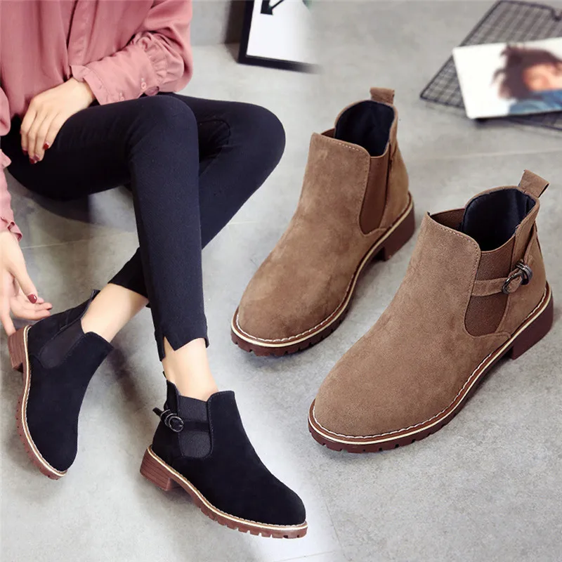 Женская обувь с круглым носком ботинки на плоской подошве однотонные замшевые