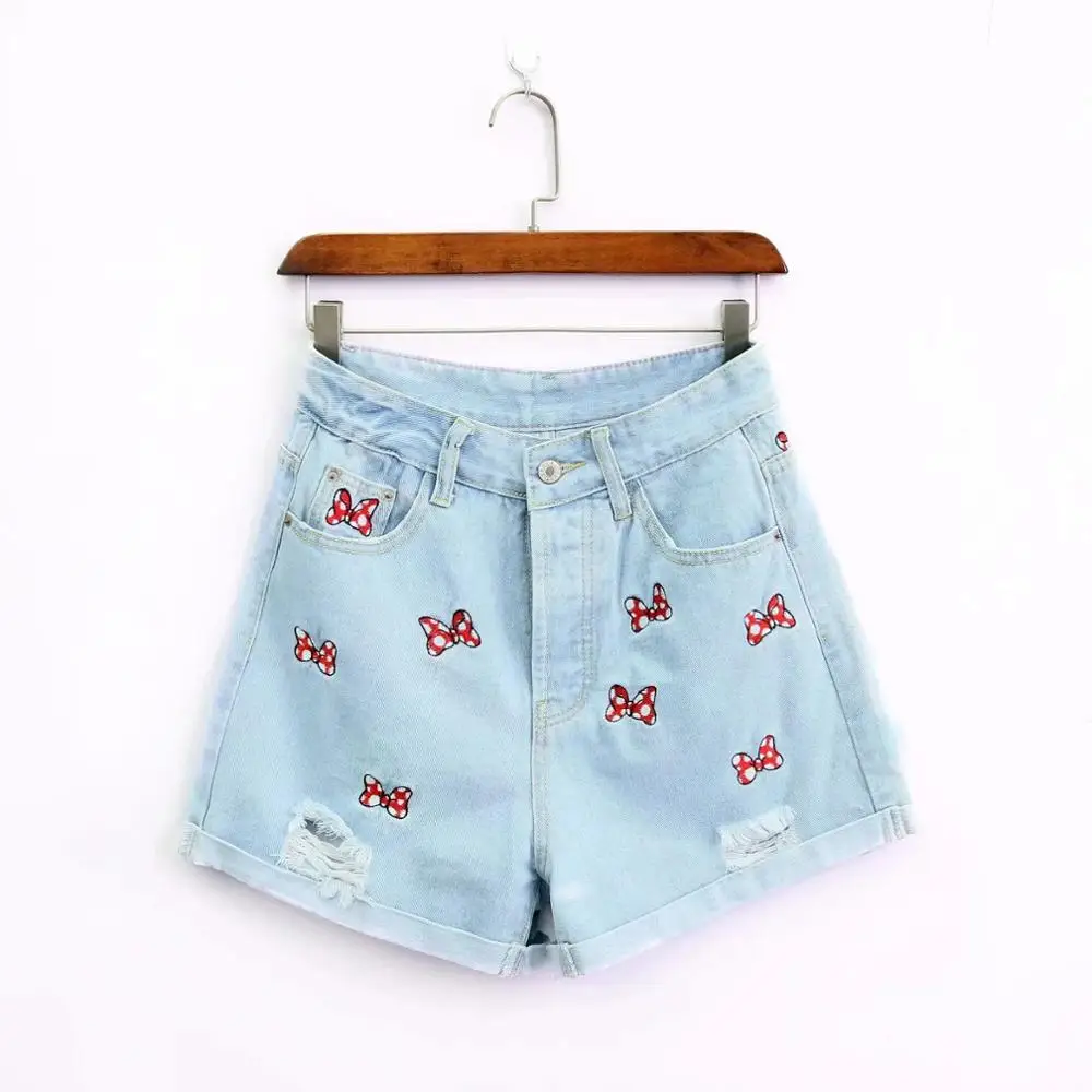 Jenny&Dave summer vintage shorts women high street ball and bow embroidery cartoon high waist denim mom shorts women