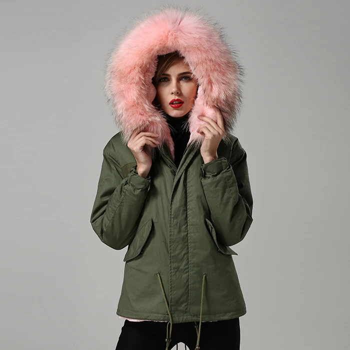 Модная розовая теплая зимняя парка с большим воротником из натурального меха
