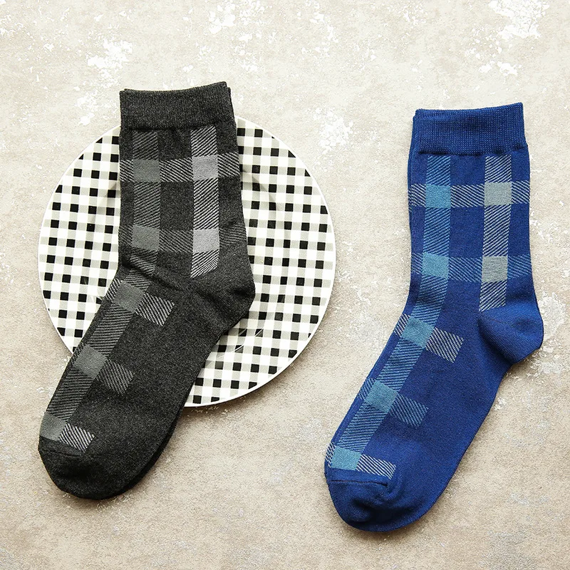 1Pair/lot Fashion Gird Cotton Socks For Men Blue Black Casual Classic Business Mujer Winter Soft Calcetine | Мужская одежда