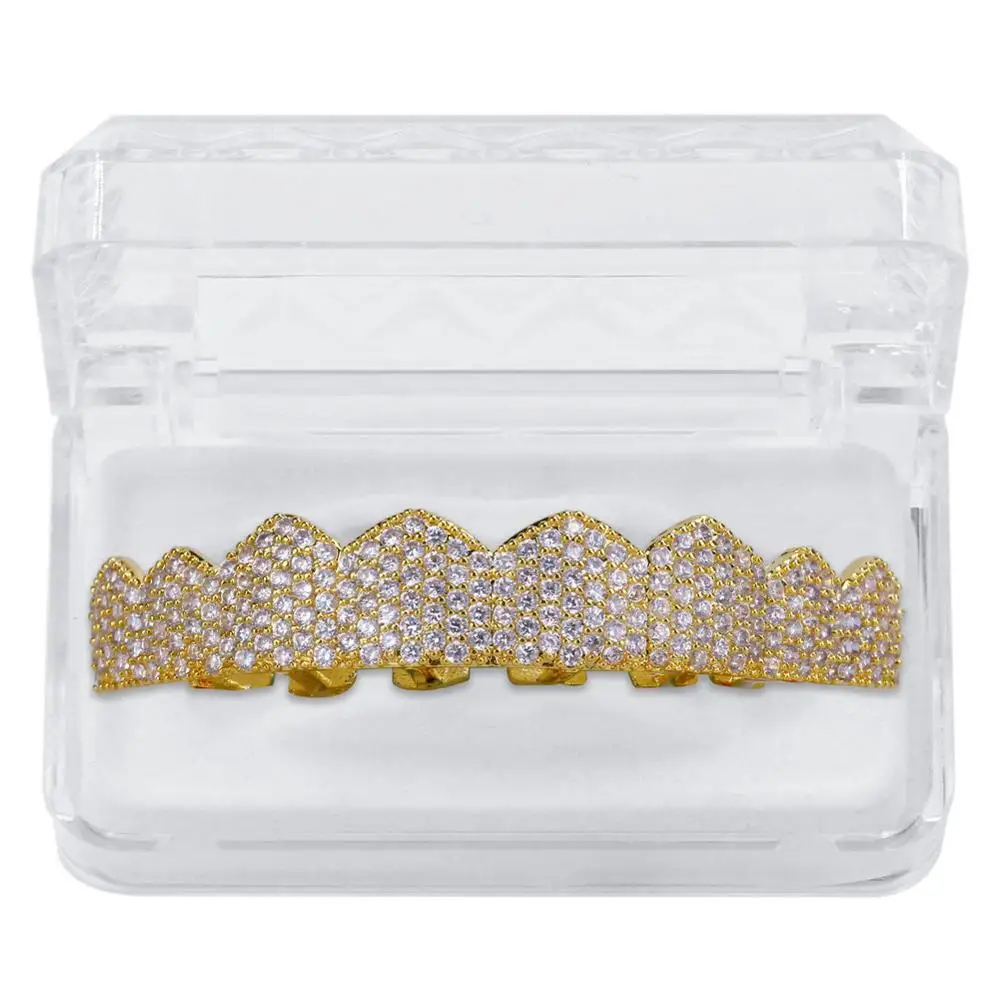 Gold Top TOPGRILLZ Custom Fit Золото Серебро Цвет Iced Out хип-хоп ЗУБЫ Grillz микро Pave кубический циркон сверху и снизу зубы грили набор - Окраска металла: Gold Top