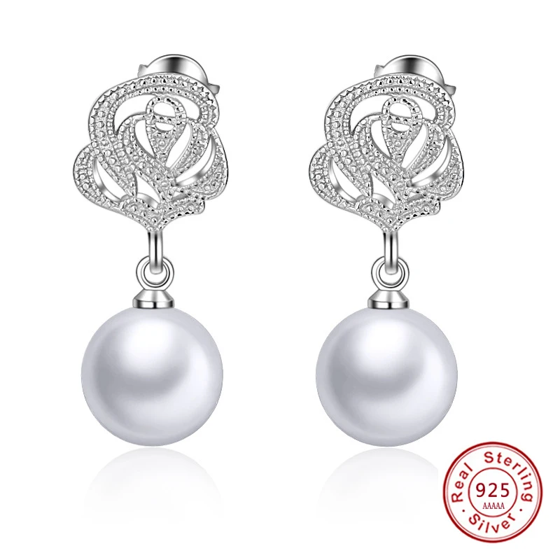 

Real Freshwater Pearl Earrings For Women 925 silver needle Pearl Carving Roses Flower Earrings Fine Jewelry Brincos
