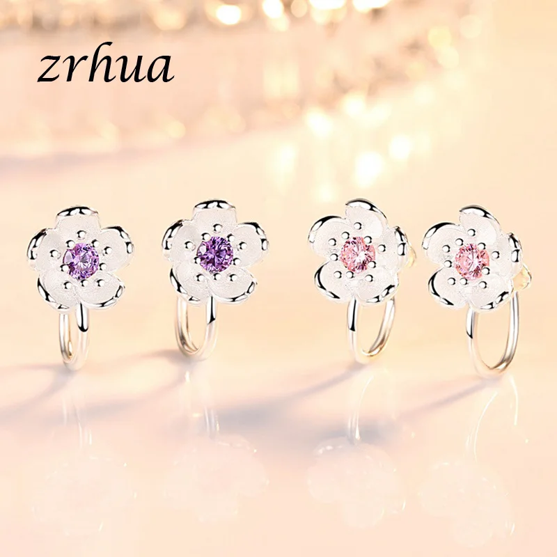 Серьги-клипсы женские из серебра 925 пробы с розовыми/фиолетовыми цветами |