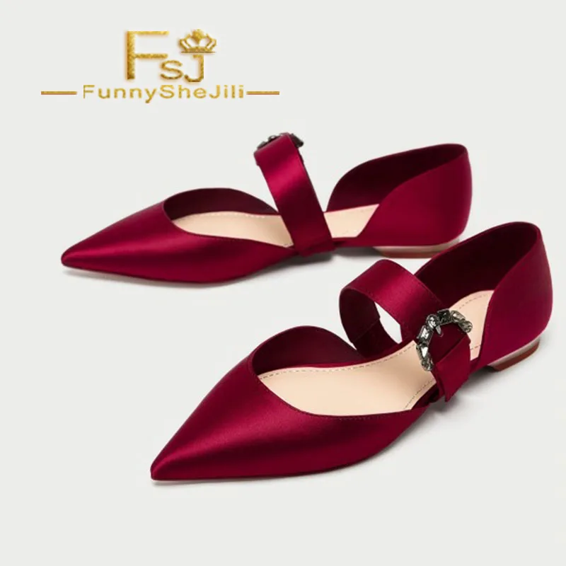 

Women's Red Satin Mary Jane Shoes Pointy Toe Flats Ballet Shoes Spring Summer Autumn Incomparable Generous FSJ Elegant Sexy