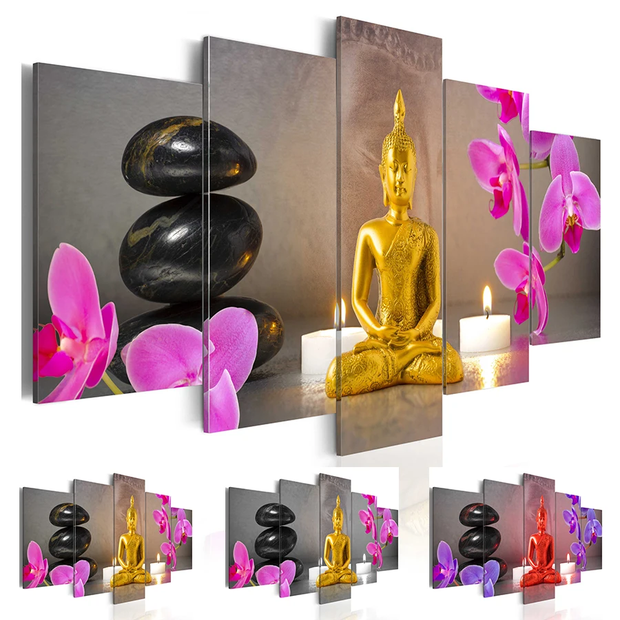 

Fashion Wall Art Canvas Painting 5 Pieces Red Yellow Purple Zen Stone Candle Orchid Flower Gold Buddha Modern Home Decoration