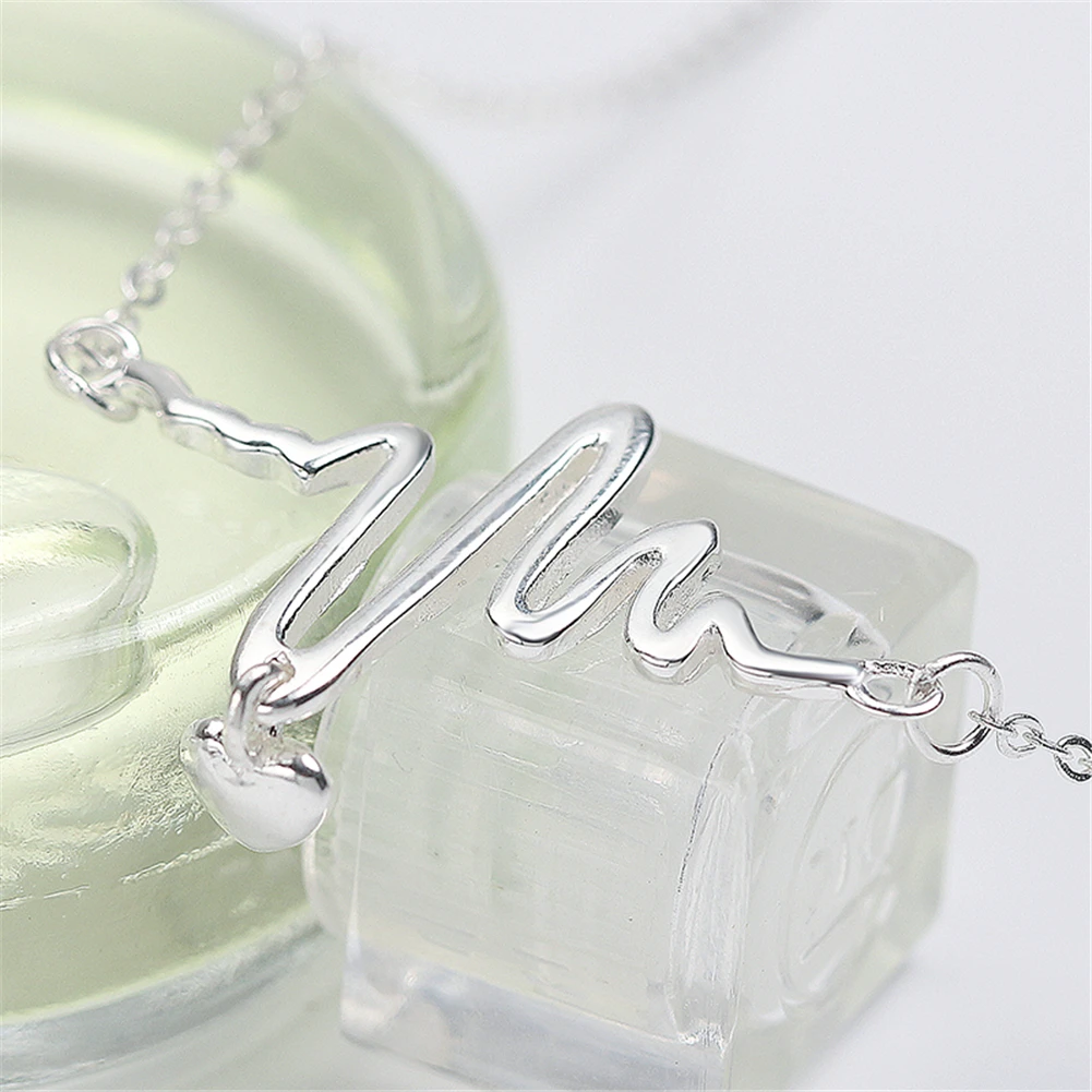 Real 925 Silver Necklace Women Sterling Jewelry Heartbeat Electrocardiogram Pendant Necklaces Lover Gift silver joyas | Украшения и