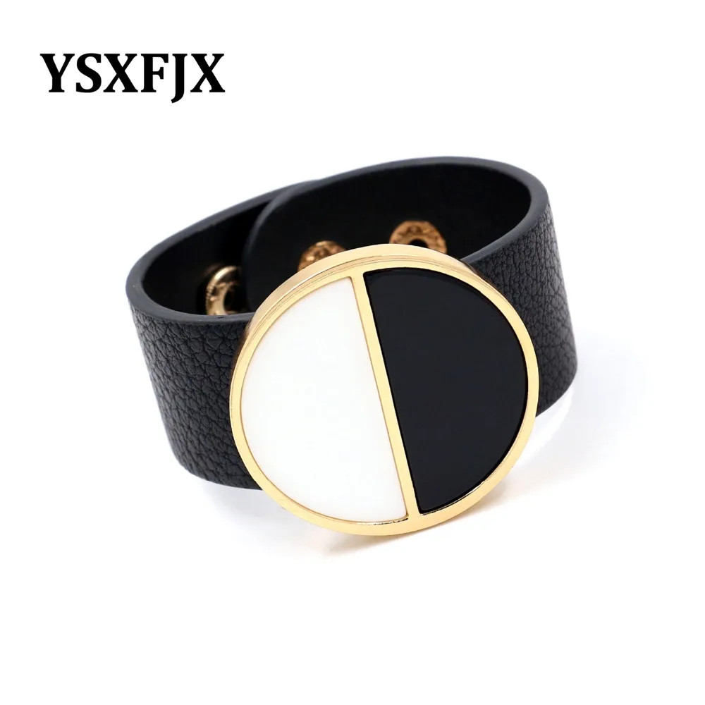 YSXFJX Exaggerated big wild personality geometric wide bracelet black and white leather fashion female | Украшения и аксессуары