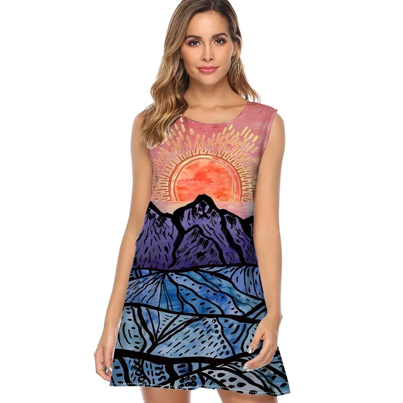 Rainbow unicorn Print Dress Women Fashion Sleeveless O neck Casual Loose Summer Mini Cute Chiffon fashion Dresses | Женская одежда