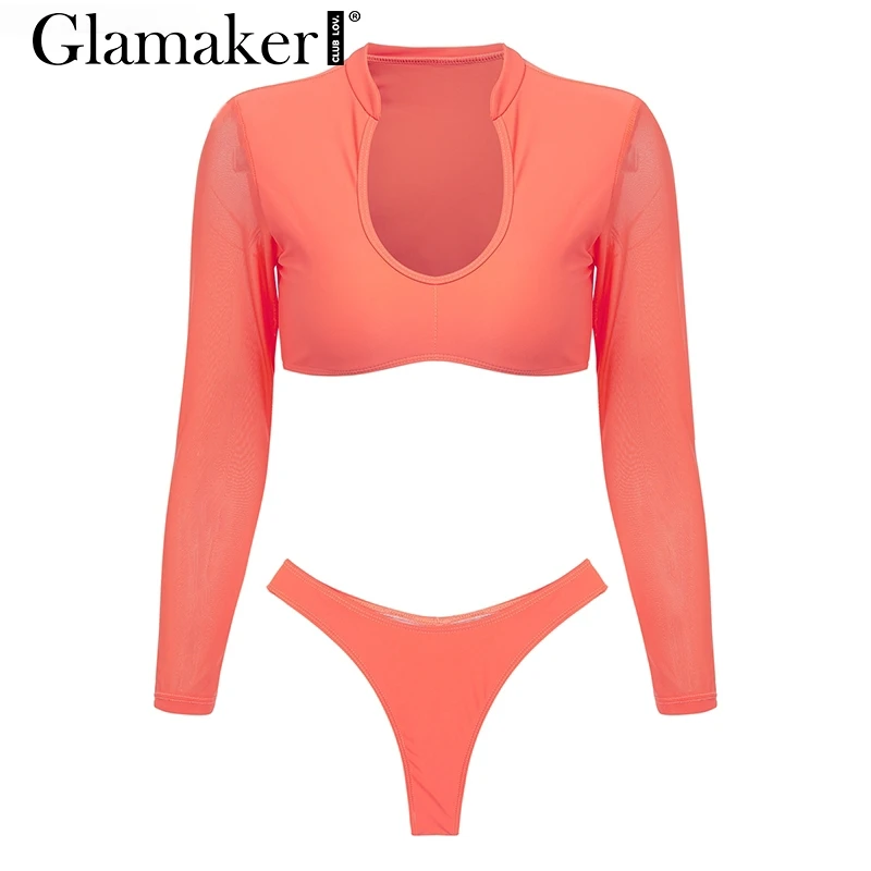 Glamaker, сексуальный купальник из двух частей с высоким вырезом, Женский сетчатый купальник с длинным рукавом, боди с пуш-ап, комбинезоны, сексуальные женские стринги, купальники