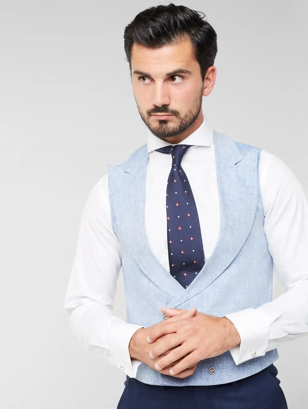 

2017 Latest Coat Pant Designs Blue Linen Men Vest Waistcoat Fashion Slim Fit Mens Formal Wedding Prom Custom High-End Vestidos