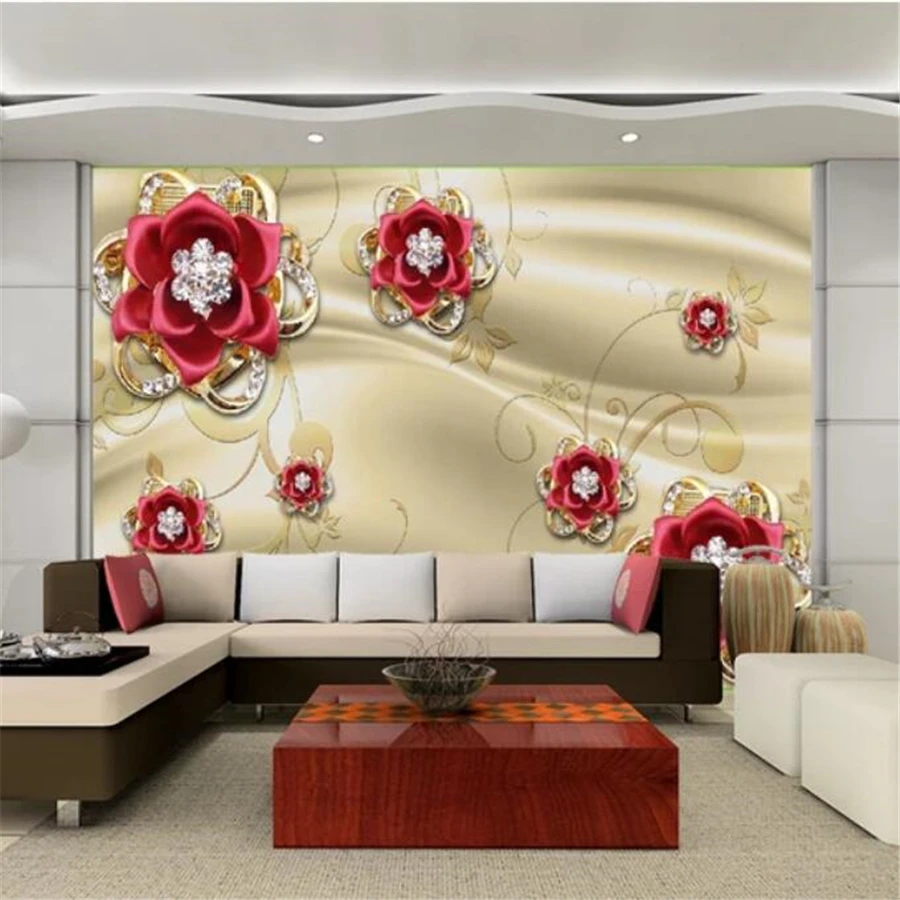 3d фотообои на заказ золотые ювелирные изделия красная роза ТВ фон стена гостиная