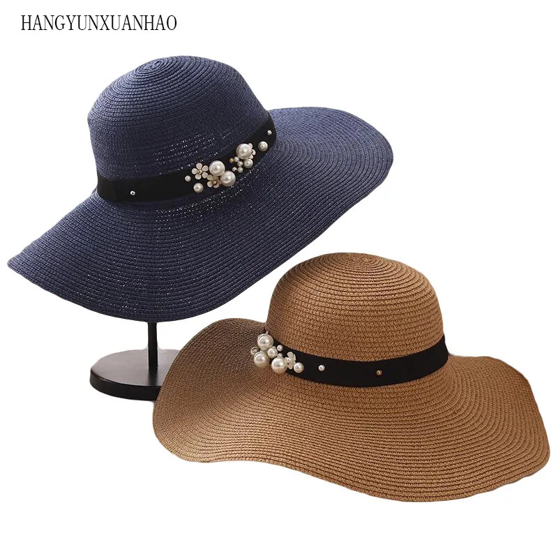 

New 2019 Summer Fashion Flat Brim Straw Hat Pearl Beading Fedoras Women's Sun-shading Sunscreen Panama Hat Outdoor Beach Hat