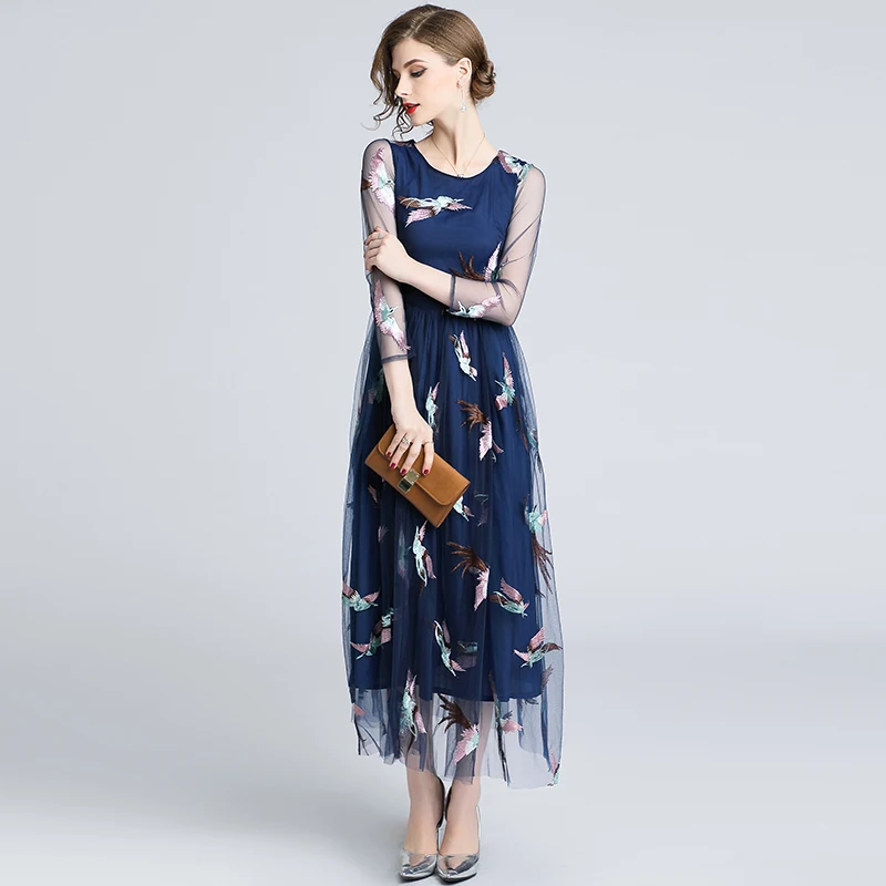Подиум дизайн тюль кружево Vestidos Verano марля вышивка платье с Фениксом элегантная