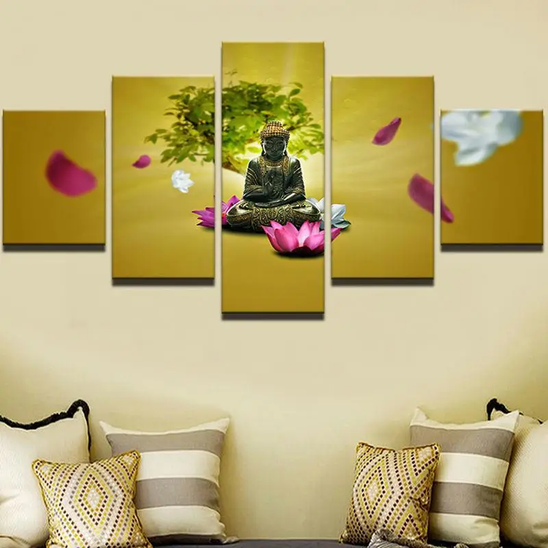 Плакат с HD печатью модная рамка 5 панелей Будда большое украшение для дома