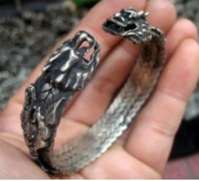 Коллекция китайский Тибетский Серебристый браслет с двойной головкой драконом