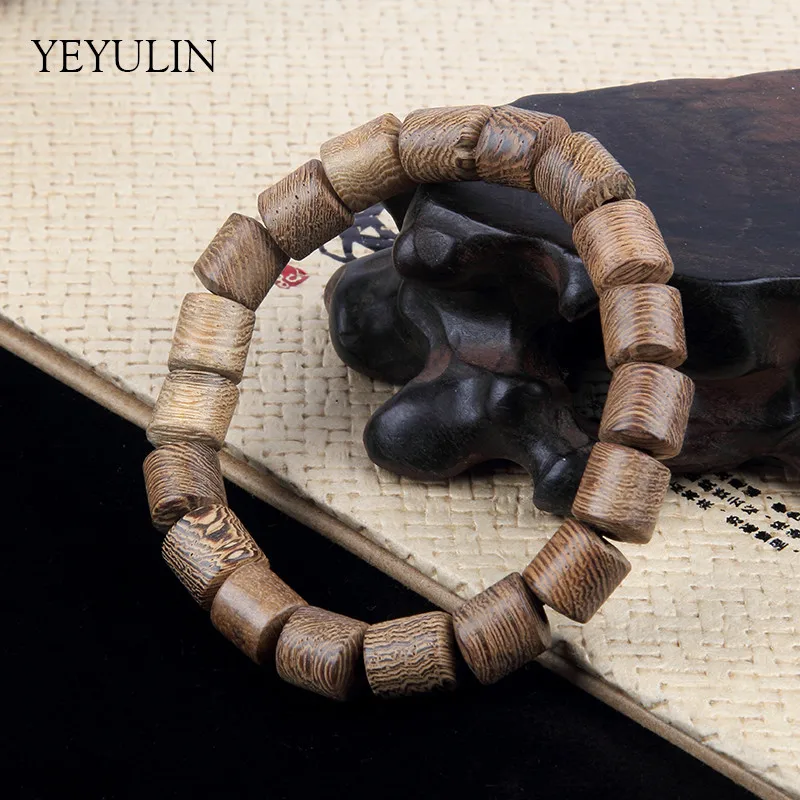 

Deep Khaki 16 14 9mm Cylindrical Wood Buddha Beads Bracelet For Women Men Wooden Bangles Jewelry