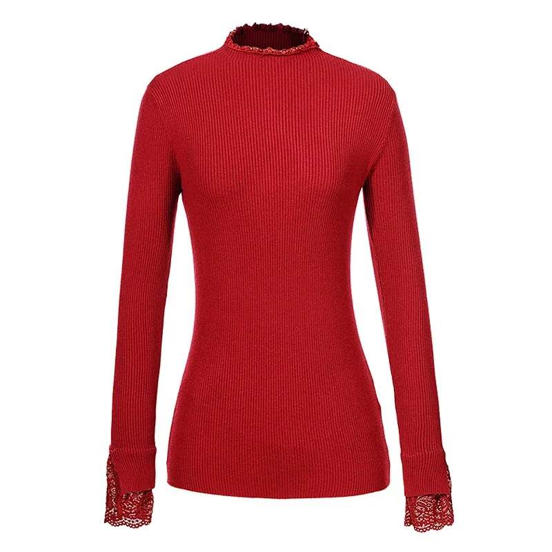 Женский Однотонный свитер с высоким воротом базовая туника кружевным воротником