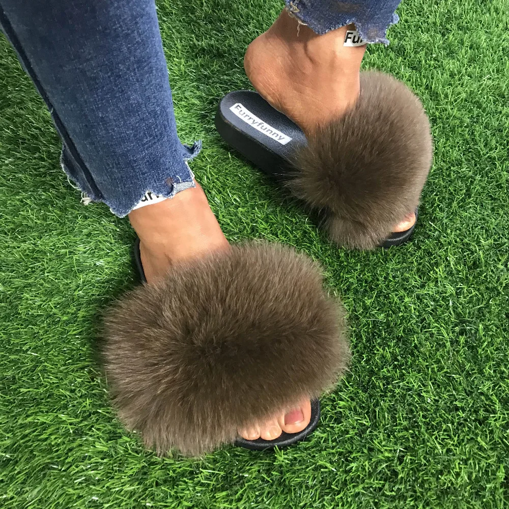 Шлепанцы на меху с натуральным лисьим мехом женские шлепанцы домашняя обувь