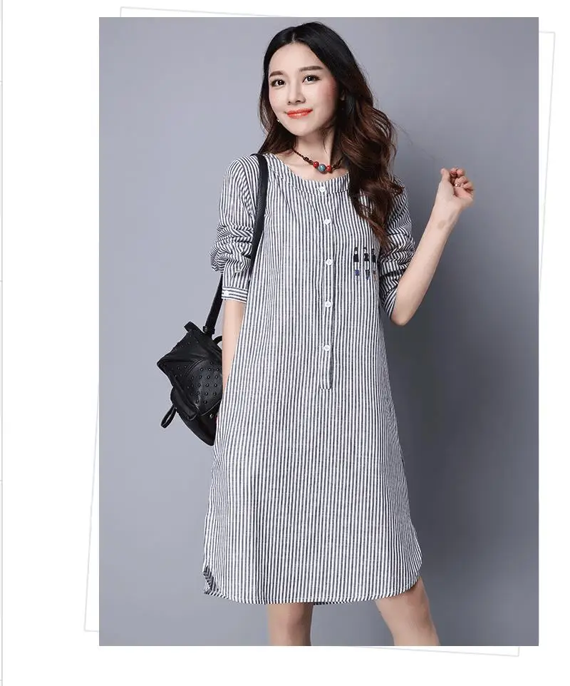 Платье в полоску Clobee 2017 Vestidos женское хлопковое льняное осеннее платье Robe Mori