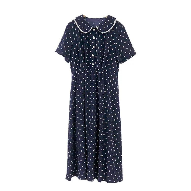 Navy Blue Женское летнее платье в корейском японском консервативном стиле; Милая Одежда для девочек с воротником «Питер Пэн»; цвет белый, синий; винтажное платье-рубашка в горошек; 5163 - Цвет: Navy Blue