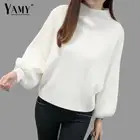 Зимний женский свитер, модный красный, белый пуловер с высоким воротником и рукавами-фонариками, Свободный вязаный свитер, женский джемпер, топы 2021