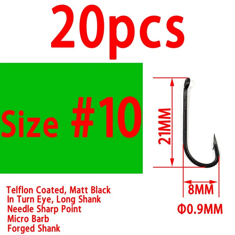 20pcs size 10 Bimoo 20 шт. Feflon покрытие длинный хвостовик Карп Рыболовный крючок вниз глаз высокоуглеродистой стали Карп Рыболовный крючок крючки для снаряжения - Цвет: 20pcs size 10